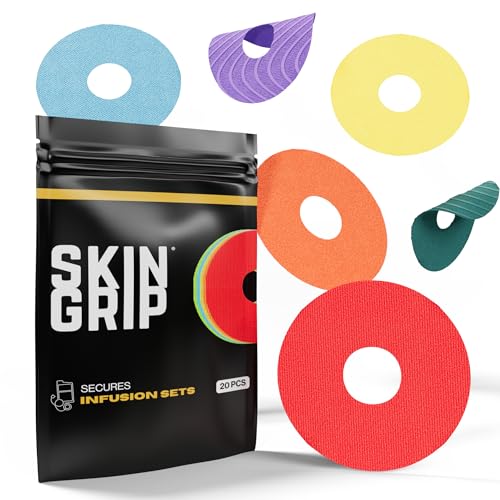 Image of Skin Grip Universal Adhesive Patches for CGM and Insulin Pumps with Cutout (20-Pack), 0.8-Inch Hole, Waterproof & Sweatproof for 10-14 Days, Glucose Monitor Patch, Diabetic Sensor Cover, Multi Color