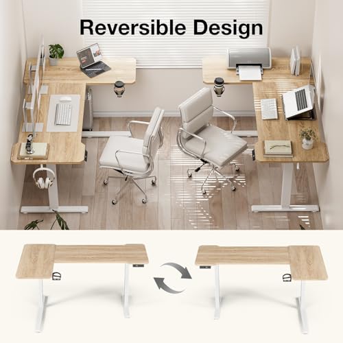 Image of Acrolix L Shaped Electric Standing Desk - 51x31.5 Inch Reversible Corner Sit Stand Desk with Hook&Cup Holder,Electric Height Adjustable Table,for Small Home Office&Bedroom Computer Desk, Oak