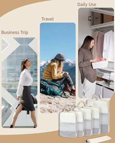 ECOHUB 6 Set Compression Packing Cubes, Lightweight Beach Vacation Travel Essentials Durable Travel Accessories for Suitcase Carry On Luggage Organizer Bags with YKK Zippers Shoe Bag, Beige 5