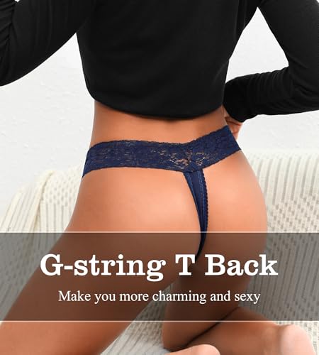 Cotton Thongs for Women, T Back Breathable Comfort See Through Panties, Seamless Lace Pack3