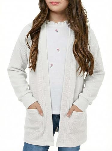 Image of Girls Open Front Cardigan Long Sleeve Casual Fall Winter Loose Knit Sweaters Coat with Pockets