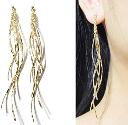 Japanese Omega Clip On Earrings, Gold Or Silver Plate Fringe Tassel Wavy Bar Chandelier Dangle Clip-ons Non Pierced Earrings