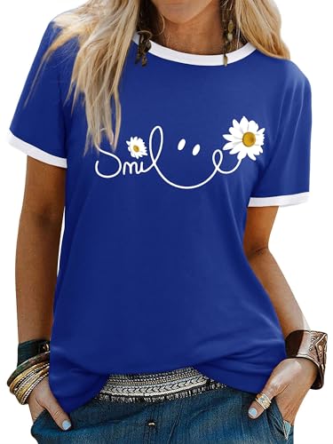 T-shirt bleu marine pour femme à col rond et imprimé marguerites en taille S