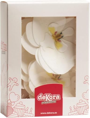 dekora – Flores Comestibles para tartas, 10 orquídeas blancas de oblea 8.5 x 7.5cm, sin azúcar, sin gluten, sin lactosa, Adornos Comestibles para Tartas, Cumpleaños y Bodas