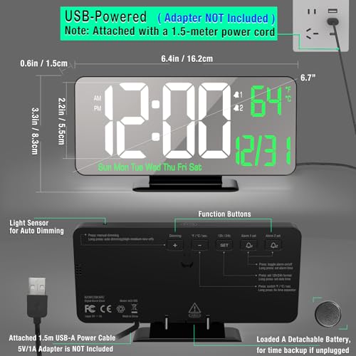 Image of KOSUMOSU Desk Clock 6.7in Black Digital Alarm Clock with Dual Alarm, Dimming, Date, Day of Week, Temp, 12h 24h, Digital LED Clock for Table Decor, Digital Calendar Mirror Clocks Essentials