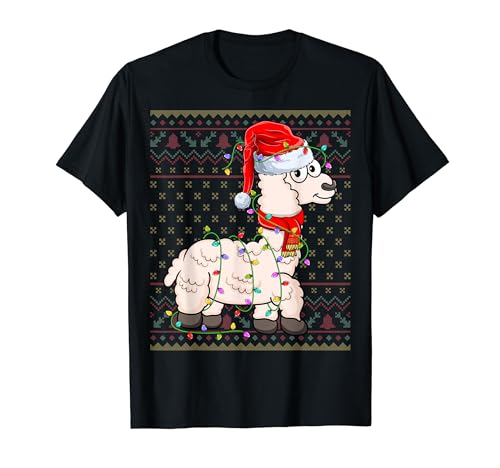 Llama Christmas Lights Santa Hat Alpaca Llama Lover Xmas Camiseta