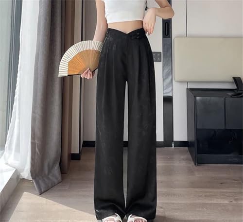 Women's Chinese Style Satin Pants Summer Elegant Wide Leg High Waist Solid Pockets Loose Trousers3