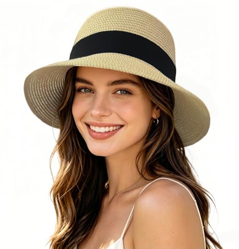 Sombrero de paja para mujer con ala ancha y protección solar miniatura 1