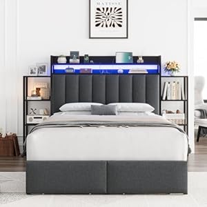 Keyluv Queen Bed Frame with Storage Headboard & 2 Drawers, Upholstered LED Platform Bed with Charging Station & Bedside Storage Rack, Metal Slat Support, No Box Spring Needed, Linen Fabric, Black