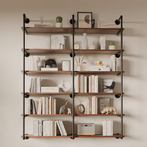 ONOTETUT 6 Tier Industrial Pipe Shelves with Wood Planks, 60 inch Iron Pipe Shelving, Retro Wall Mounted Bookshelf, Floating Bar Shelves for Kitchen,Living Room