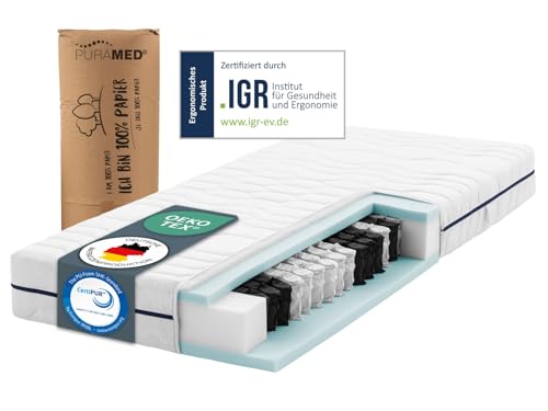 PURAMED Taschenfederkernmatratze 90x200 cm | Härtegrad H2 | Höhe 20 cm | ergonomische 7-Zonen Matratze | waschbarer Mikrofaser-Bezug | Oeko-TEX® & CertiPUR Zertifiziert | produziert in Deutschland