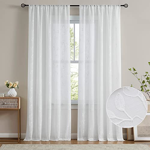 Vision Home Floral White Sheer Curtains 84 Inch Embroidery Leaf Patterned Farmhouse Light Filtering Embroidered Window Treatment Set For Living Room Bedroom White Rod Pocket Drapes 2 Panels 52"Wx84"L #TOP1