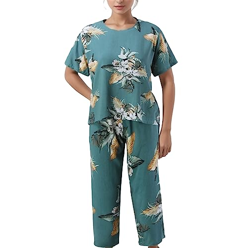 QWUVEDS-Hose-Damen-Sommer-Hosenrock-34-Hose-Damen-Sommer-Frauen-Fruehling-Sommer-Lose-Kurzarm-Casual-Grosse-Groesse-Baumwolle-Blumen-Druck-Anzug-Pyjamas-Jogginganzug-Fuer-Damen