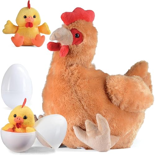 prextex hen toy with two plastic easter eggs and cute baby chicks inside - big mommy hen plush with chicks zippered in eggs - adorable chicken plushies for kids 3-5 years old