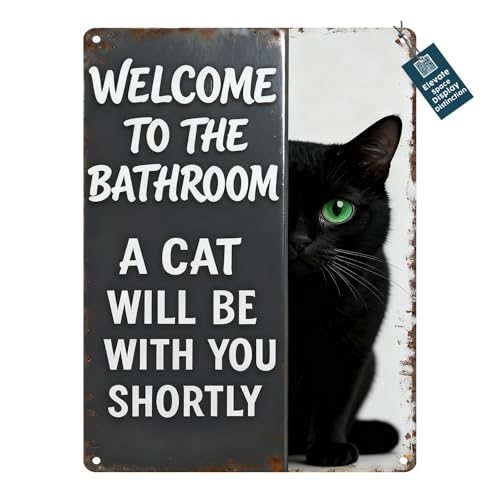Waltheon Black Cat Decor Metal Tin Sign Funny Bathroom Art Welcome Cat Vintage Unique Housewarming Gift For Cat Owner 12x16inch