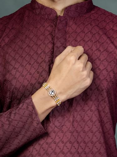 Image of Sukkhi Rakhi Excellent Kundan & Pearls Designer Gold Plated Premium Rakhi for Brother with Roli Chawal & Greeting Card|Rakhi for Brother /Bhaiya /Bhai /Men|Kundan Rakhi|Rakhi Combo-Set of 2