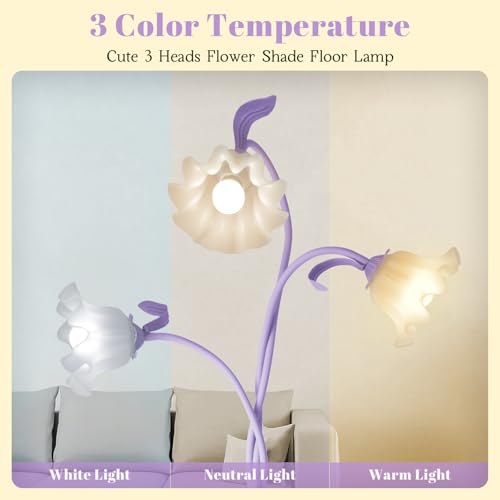 Image of Flower Standing Lamp for Bedroom, Cute Corner Floor Lamp with Flexible Gooseneck, 3 Light Floor Reading Lamp with 3 Color Temperatures, Bulbs Included, Tall Floor Lamp for Living Room Corner(Purple)