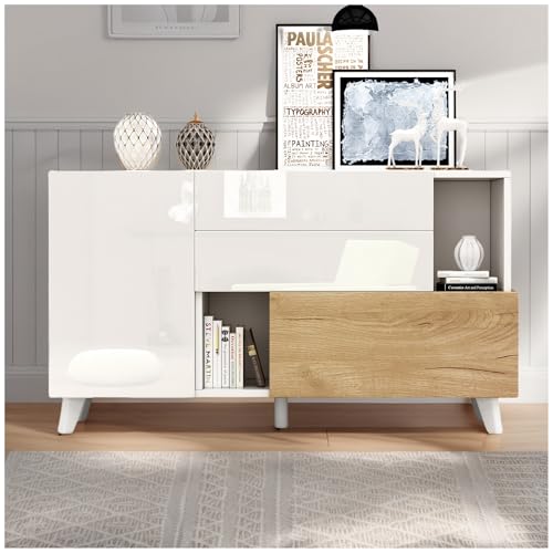 Wyibwy Mueble de Salón Moderno, Aparador de Entrada y Cocina, Color Blanco Brillante + Madera
