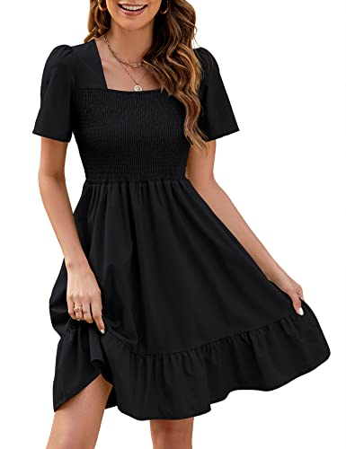 Qirno Semi-Formal Black Smocked Mini Dress Women Summer Square Neck Flowy Puff Sleeve Tiered A Line Graduation Dresses, M #TOP30