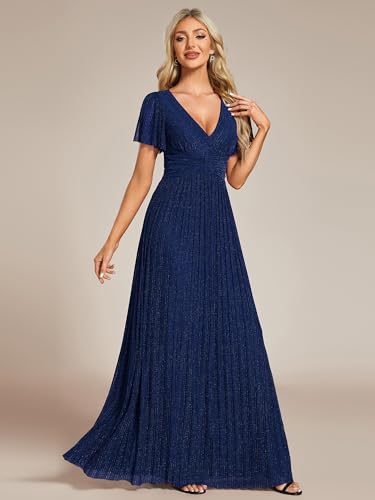 Image of Ever-Pretty Women's V-Neck Glitter Formal Dresses Pleated Short Sleeves Floor Length A-Line Mother of Bride Dress 11961