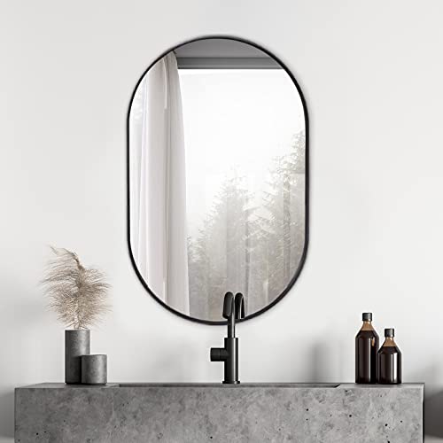 Howofurn Wall Mounted Mirror 20’’X30’’, Oval Bathroom Mirror, Vanity Wall Mirror W/Stainless Steel Metal Frame & Pre-Set Hooks For Vertical & Horizontal Hang, Ideal For Bedroom, Black #TOP7
