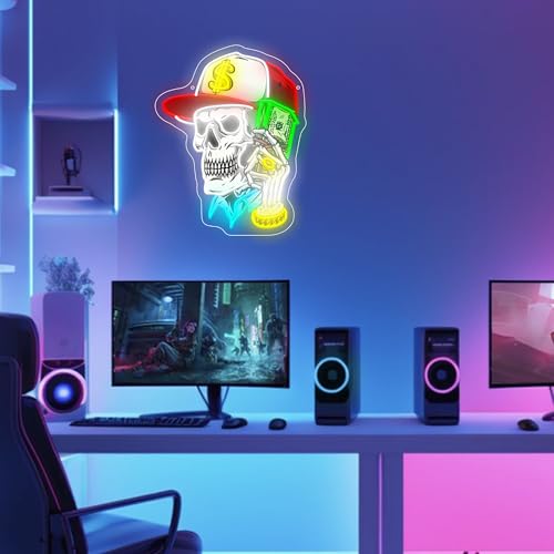 Image of Skull & Dollar Dreams LED Neon Sign USB Powered for Wall Decor, Horror Bones Neon Night Light Sign Dimmable for Boys Room Party Decor Halloween Birthday Gifts