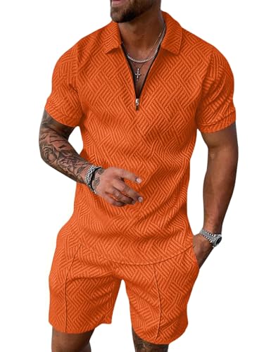 Aulemen Mens 2 Piece Zip Tracksuit Short Sleeve Print Polo Shirt and Shorts Sets Summer Outfits for Men