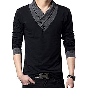 Make 2 Be MF01 Slim V-Neck T-Shirt, Long Sleeves, Cut and Sewn, Two-Tone Color, 100% Cotton, Scarf-Style, Casual Shirt