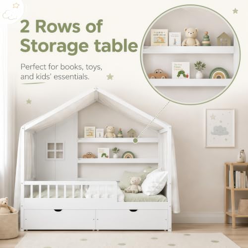 Image of Bellemave Full House BedFrame with Canopy and Storage Drawers, Montessori Bed, House Bed with Rails for Kids, White