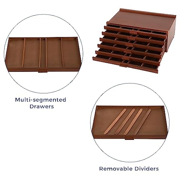 VISWIN Caja de Madera de 6 Cajones con Separadores Extraíbles, Caja de Madera de Haya de Primera Calidad, Caja Organizadora Portátil para Pinturas, Bolígrafos, Pinceles y Materiales de Arte