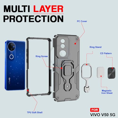 Image of AESTMO Armor Back Cover for Vivo V50 / V50E / T4R / iQOO Z10R 5G | Ring Holder & Kickstand & Camera Protection in-Built | 360 Degree Protection Back Case Cover (Black)