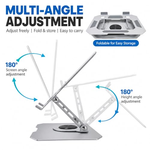 Image of 360 Rotating Aluminium Laptop Stand, Adjustable Ergonomic Laptop Riser with Swivel Base, Foldable Ventilated Desk Stand Compatible with All Laptops up to 17.3 Inches - Silver