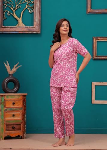 Image of Women Cotton Relaxed Fit Fit and Flare Suit | Printed Night Suit | Half Sleeve Co-Ord Set