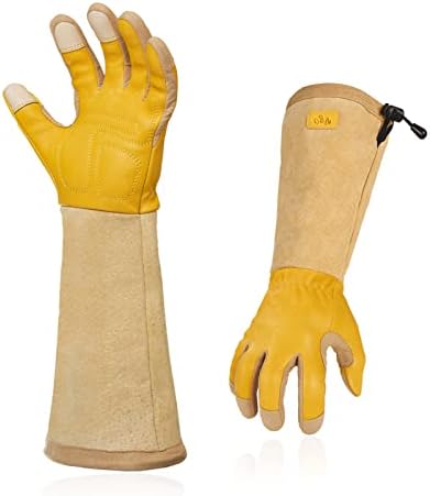 Vgo... Safety Work Gloves Men,Extra-long Cuff Thornproof,Premium Cow Grain Leathers,Gardening (1 Pair,Size L, Gold, CA1013)