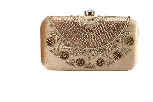 Image of umera golden clutch for womens neck work full of embroidery for girls, Women's Beautiful Bling Bag | Evening Bag, Bridal Purse & Party Handbag | Wedding & Special Occasion Clutch