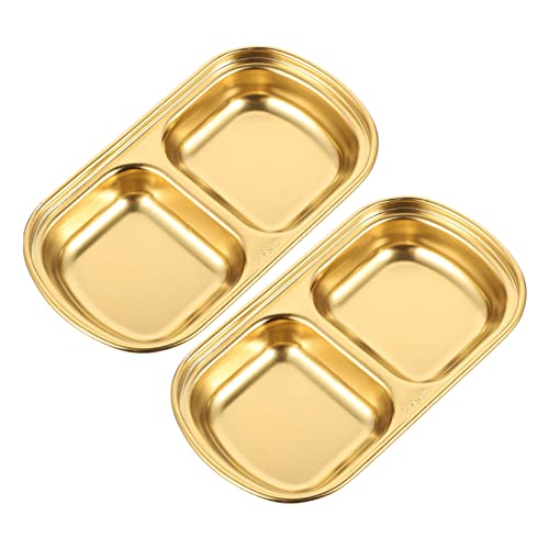 Ipetboom 2Pcs Stainless Steel Seasoning Dish with Double Compartments Appetizer Plate for Sauces Dips and Condiments for Home Restaurant BBQ and Gatherings