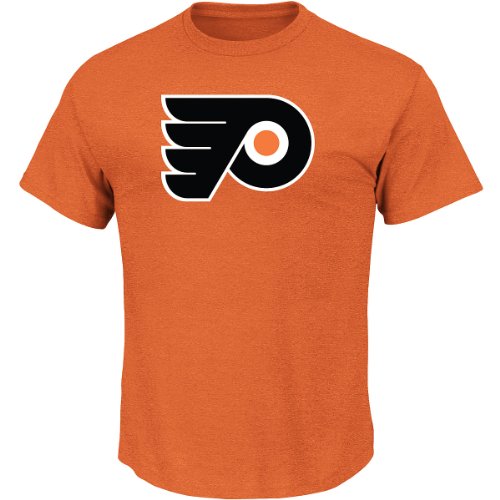 Image of NHL Majestic T-Shirt Philadelphia FlyersTek Patch Logo Ice Hockey Vintage Tee, Orange, S