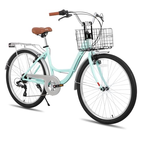 HILAND - Bicicleta Cruiser de mujer con portaequipajes y cesta, 26 pulgadas, 7 velocidades, cuadro bajo de acero, frenos en V, guardabarros integrales, ideal para paseo y ciudad, color verde