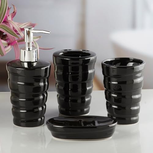 Image of Kookee Ceramic Bathroom Accessories Set of 4, Modern Bath Set with Liquid handwash Soap Dispenser and Toothbrush Holder, Luxury Gift Accessory for Home, Black (10238)