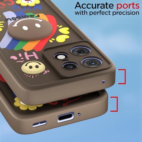 Image of Pikkme Back Cover for Motorola Moto Edge 50 Pro 5G | Soft Silicone| Cute Rainbow Smile & 3D Cartoon Flower Design | Shockproof Raised Camera Protection Bumper Case (Brown)
