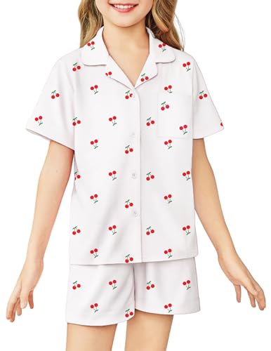 Image of Arshiner Girls Pajamas Sets Short Sleeve Kids Pjs Button Down Sleepwear | Cute Printed Pajamas for Little & Big Girl, Lightweight Comfy Fabric, 2-Piece Outfits, Perfect for Lounge Pajamas Party