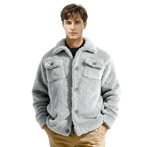 Image of GINGTTO Mens Furry Button-Up Jacket 4 Pockets Fluffy Coat For Men