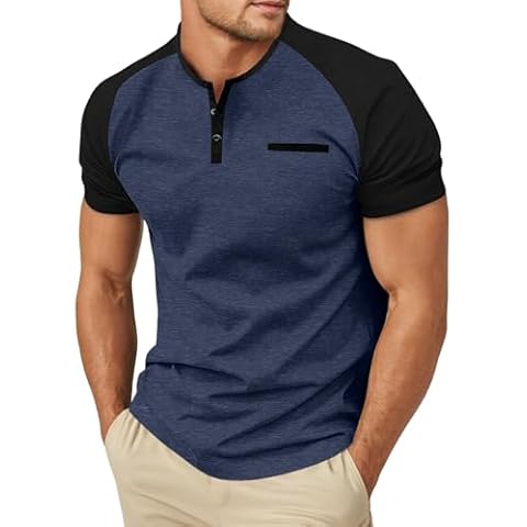 Sailwind Mens Cotton Henley Shirts Short Sleeve Casual T-Shirts Summer Button T Shirts with Pocket Navy Blue Black Cover