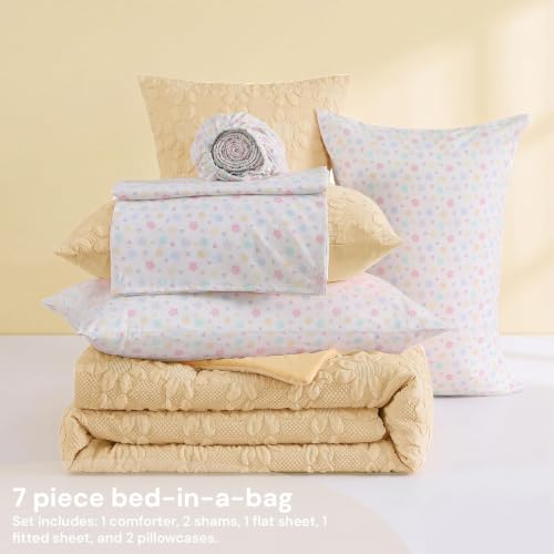 Image of Queen Comforter Set for Girls - 7 Pieces Yellow Dasiy Bed in a Bag | Jacquard Floral Queen Bedding Sets, Soft Lightweight Cute Comforter with Printed Sheets, Pillowcases & Shams for All Seasons