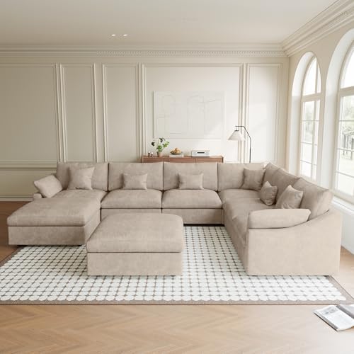 Image of Modular Sectional Sofa Cloud Couch, Oversized 8 Seater Sofa with Ottomans, Extra Large U Shaped Deep Seat Sectional Couches for Living Room, Khaki Sofa Covers Washable&Removable