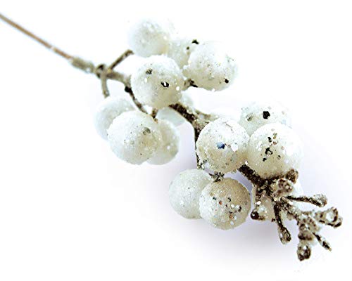 Winter Berry Picks/ White Holiday Berries Pick/ Decorative Christmas Artificial Berry Stems For Wreaths, Garland, Crafts Diy Ornaments / Xmas Decor Craft/ Set 8 Glitter Sprays Artificial Snow #TOP2