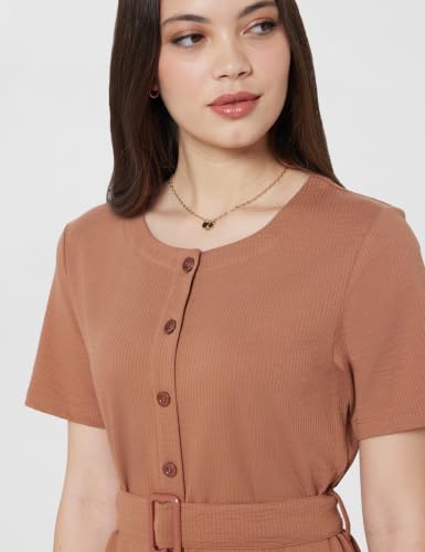 Image of Amazon Brand - Symbol Women's Cotton Blend Seersucker Knit Button-Down Dress | Belted Waist, Short Sleeve, Knee Length (Available in Plus Sizes)