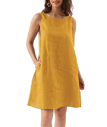 Amazhiyu Damen Leinen Ärmelloses Etuikleid mit Taschen Rundhalsausschnitt Casual Tank Kleid, gelb, Klein