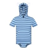 Landofgenie Mens Stripe Onesie Short Sleeve Romper Hooded Pajama Top One Piece Leotard Bodysuit Blue XL