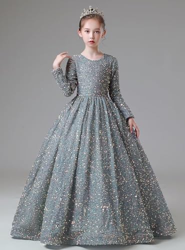 Long Sleeve Sequin Pageant Dress Sparkly Flower Girl Dresses for Wedding Prom Kids Princess Ball Gown4